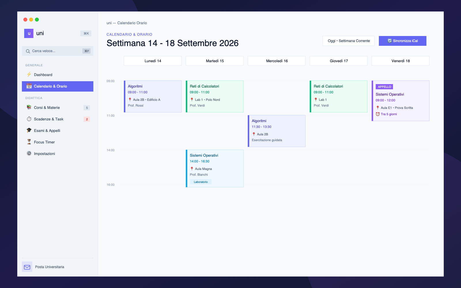 Orario settimanale e calendario di uni