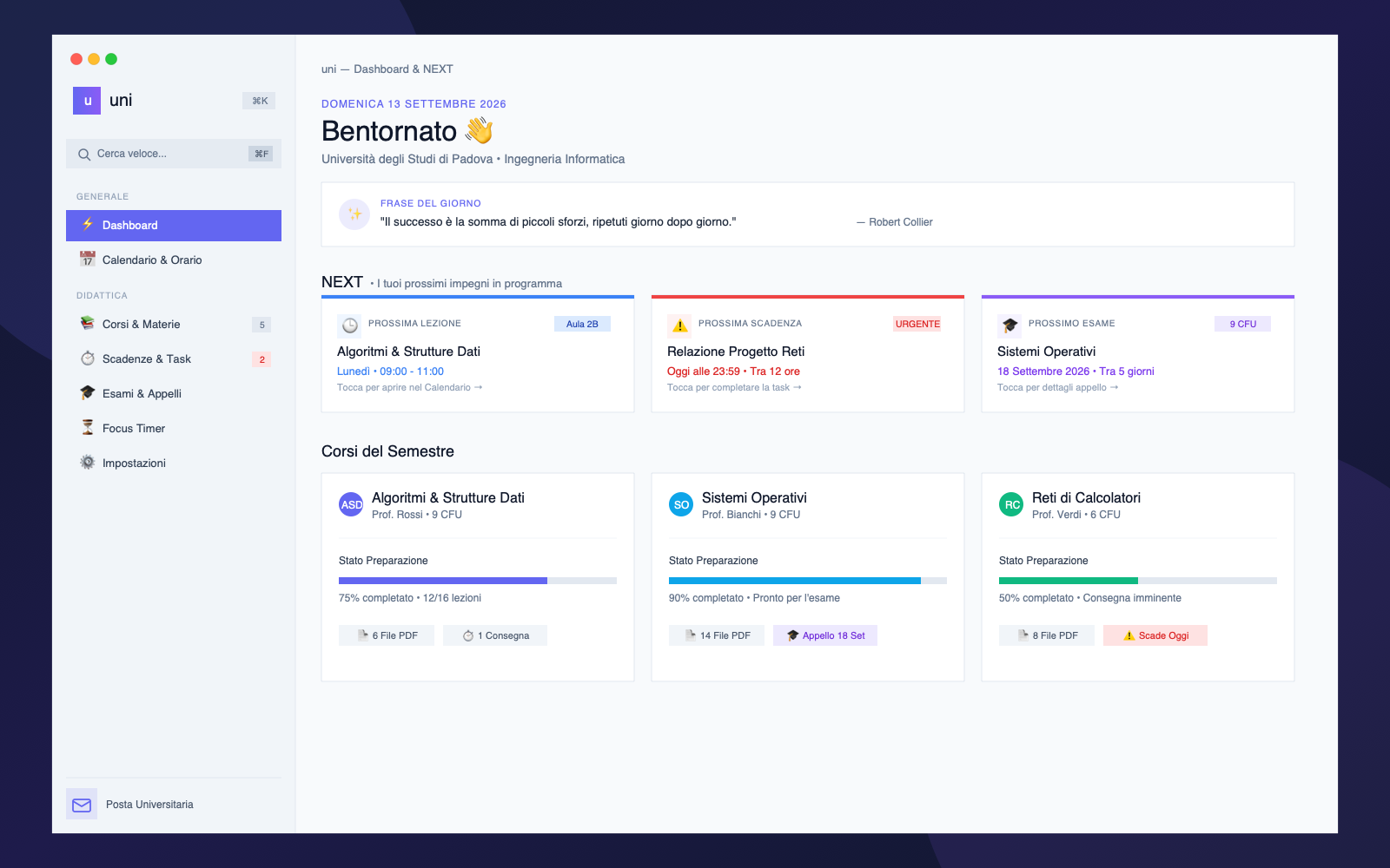 Dashboard di uni con sezione NEXT